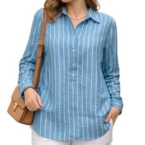 Talbots Women's Linen Blend Popover Top Size Medium Blue White Striped Collared